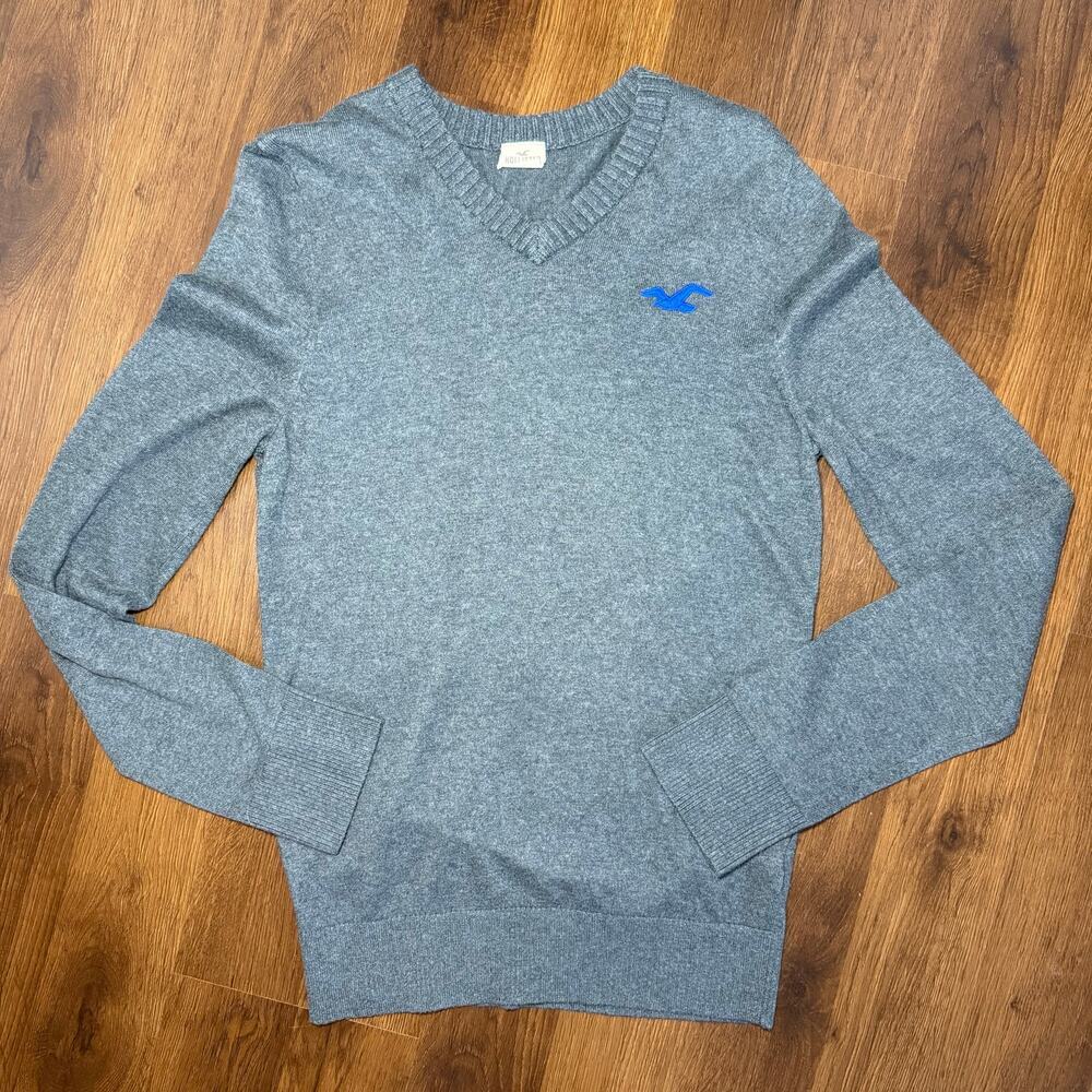 Hollister Men's Y2K V-Neck Sweater Bird Logo Gray Sz L Casual Preppy Surf